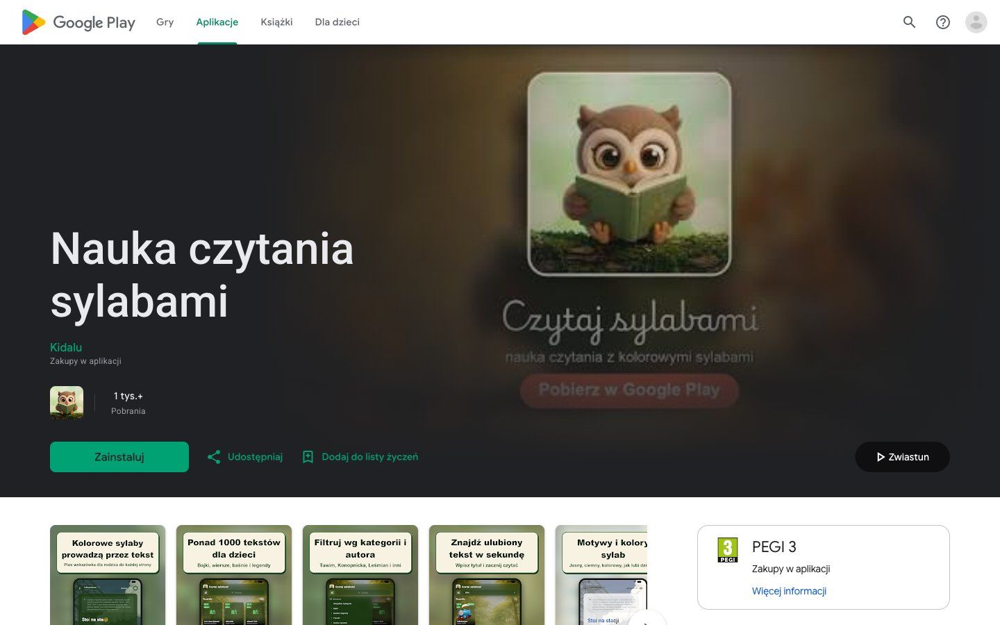 Aplikacja Czytam w Google Play: nauka czytania sylabami