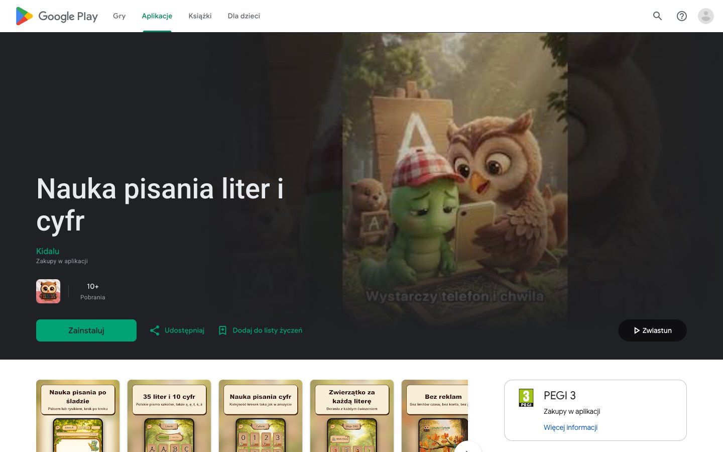 Aplikacja Piszę w Google Play: nauka pisania liter i cyfr