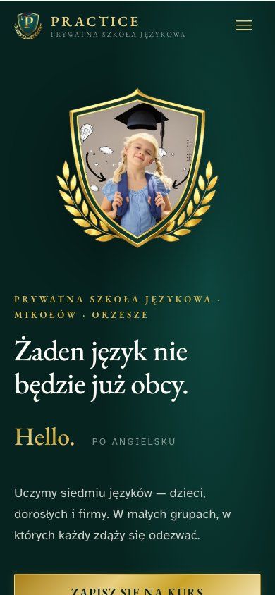 Strona szkoły językowej Practice na telefonie